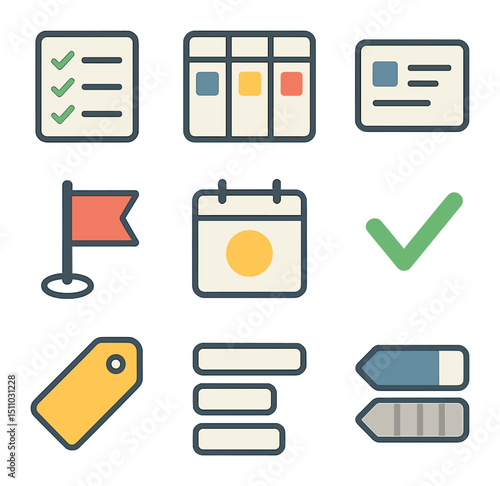 Task Management Icons. Flat icon set of task management tools: to-do list, kanban board, task card, priority flag, due date
