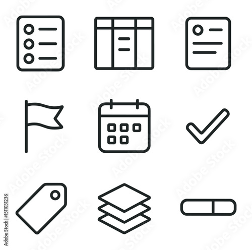 Task Management Icons. Outline icon set of task management tools: to-do list, kanban board, task card, priority flag, due date