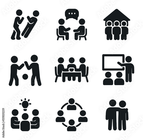 Team Building Icons. Solid, Filled icon set of team building concepts: trust fall, group discussion, retreat, icebreaker game,