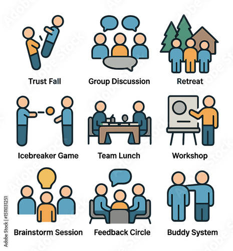 Team Building Icons. Flat icon set of team building concepts: trust fall, group discussion, retreat, icebreaker game, team lunch,