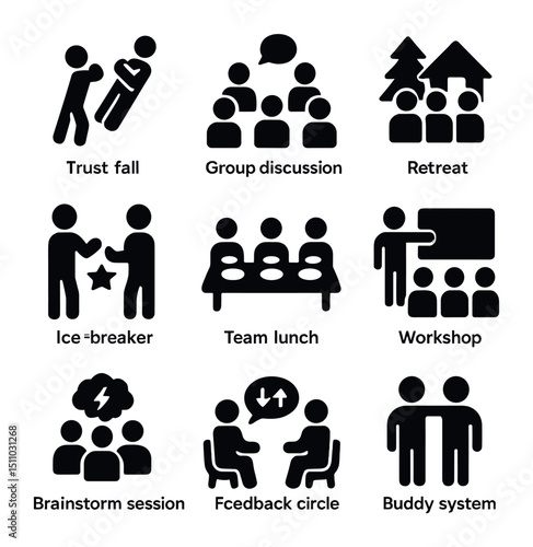 Team Building Icons. Solid, Filled icon set of team building concepts: trust fall, group discussion, retreat, icebreaker game,