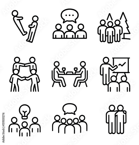 Team Building Icons. Outline icon set of team building concepts: trust fall, group discussion, retreat, icebreaker game, team