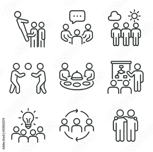Team Building Icons. Outline icon set of team building concepts: trust fall, group discussion, retreat, icebreaker game, team