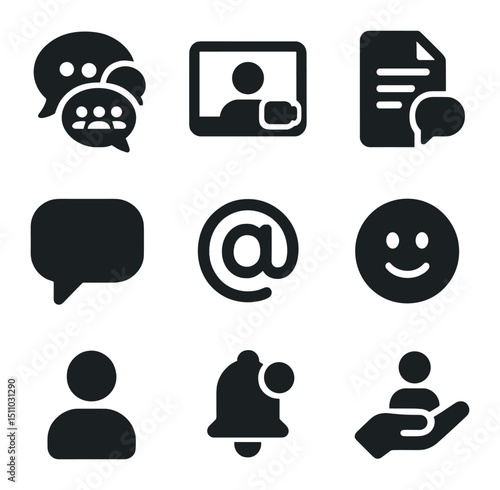 Teamwork Icons Grid. Flat icon set of team collaboration platforms: group chat bubble, video call screen, shared document, comment