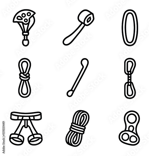 Trad Climbing Gear Icons. Outline icon set of trad climbing gear: camming device, hex nut, sling, cordelette, nut key, quickdraw,