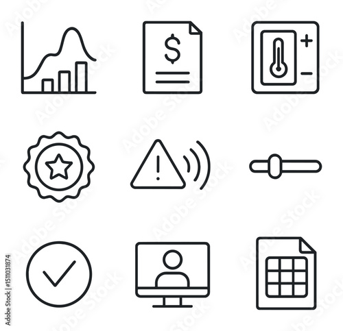 Utility Icon Set. Outline icon set of utility demand response features: peak load graph, demand bid, thermostat control, incentive