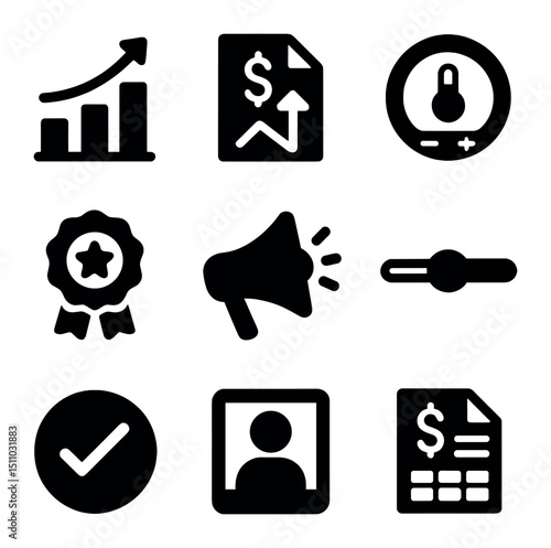Utility Icon Set. Solid, Filled icon set of utility demand response features: peak load graph, demand bid, thermostat control,