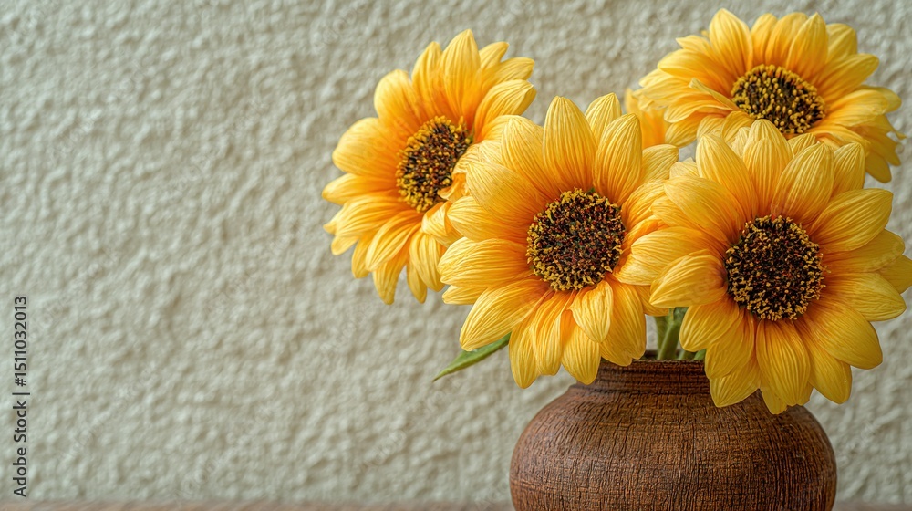 Fototapeta premium A vase of yellow sunflowers on a wooden table against a white wall