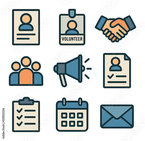 Volunteer Campaign Icons. Flat icon set of volunteer recruitment campaigns: recruitment flyer, volunteer badge, handshake icon,