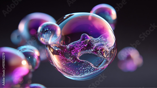 Iridescent bubbles floating with internal structures against a dark blurred background scene view