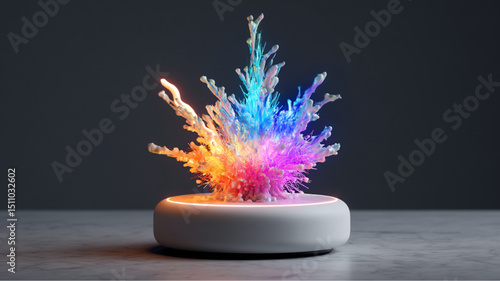 Colorful splash on a white pedestal against a dark background with a smooth marble surface below