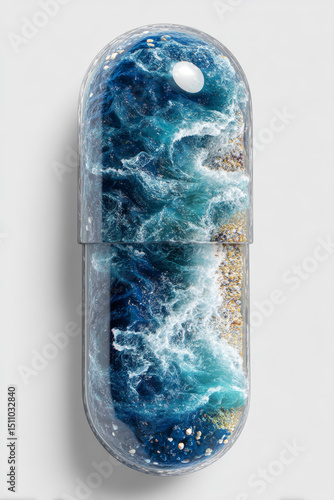A transparent pill with a seascape inside