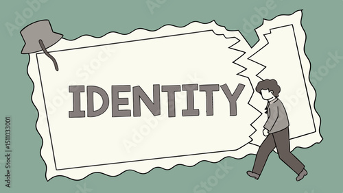 Person walking past torn paper with the word identity on it  
