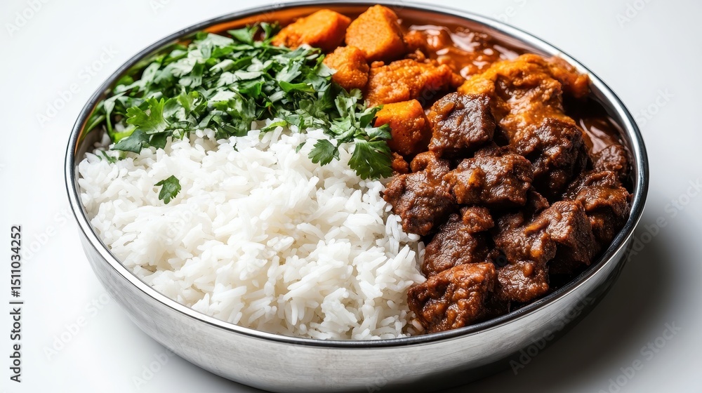 An enticing bowl of rice accompanied by savory curry and fresh herbs creates a feast for the senses, inviting you to relish the rich flavors and aromas of this delicious dish. An enticing bowl of rice accompanied by savory curry and fresh herbs creates a feast for the senses, inviting you to relish the rich flavors and aromas of this delicious dish.