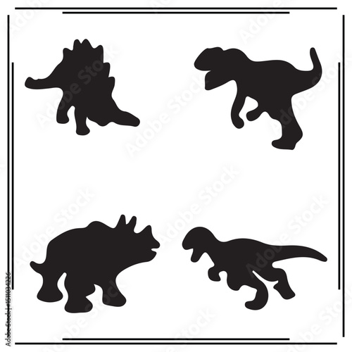 Cartoon Dinosaur Silhouettes Vector Set – Cute Prehistoric Icons Featuring Stegosaurus, Triceratops, T-Rex, Raptor – Fun Black Dino Clipart for Kids' Designs, Education, Crafts

