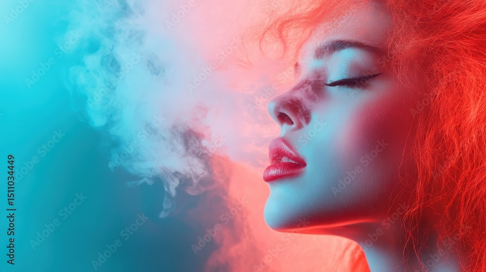 A stunning artistic portrayal of a female model's profile shrouded in colorful smoke, creating a dynamic and emotive visual experience of creativity. A stunning artistic portrayal of a female model's profile shrouded in colorful smoke, creating a dynamic and emotive visual experience of creativity.