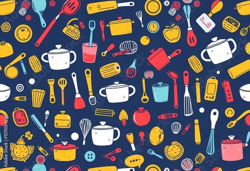 A cheerful, seamless doodle pattern featuring various kitchen tools and appliances,  equipment,  doodle