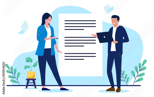 Businesspeople review and discuss a large document, representing contract signing, legal agreement, paperwork, or important policy discussion. Flat design business vector illustration graphic