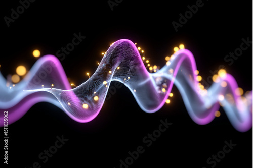 Abstract representation of a wave with pink and blue hues and glowing yellow particles on black background