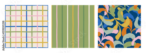 Hand drawn collection of trendy seamless patterns with leaves and stripes. Whimsical floral background for summer design, textile, wallpaper. Cute geometric patterns with lines and floral motifs