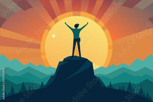 Silhouette of a man on top of a cliff, illuminated by the morning sun, arms raised in a gesture of victory