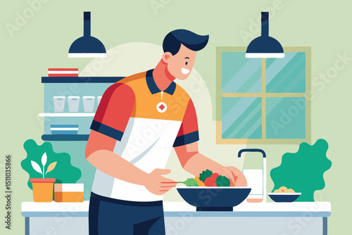 A man from the back, in a sports shirt, in the kitchen preparing a salad for himself - light side lighting