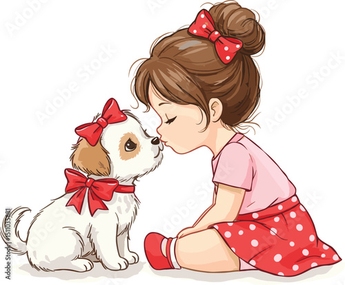 Puppy and Girl with Bow Art Print – Sweet Nursery Decor for Kids’ Rooms and Pet Lovers 