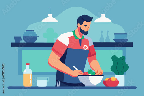 A man from the back, in a sports shirt, in the kitchen preparing a salad for himself - light side lighting