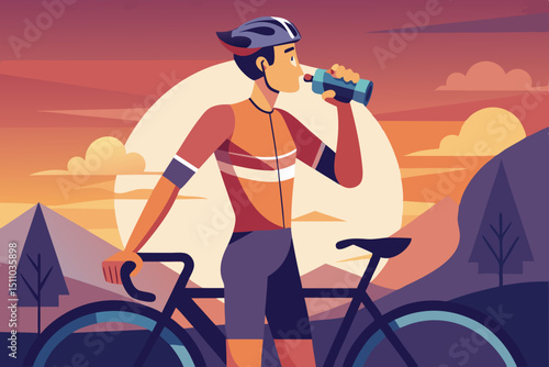 A man in a sports uniform with a bicycle against the backdrop of dawn drinks water from a transparent bottle - shot in backlight