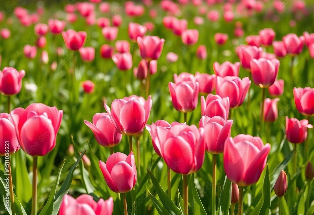 Fototapeta premium Vibrant pink tulips bloom in a lush spring meadow, petals, blossom