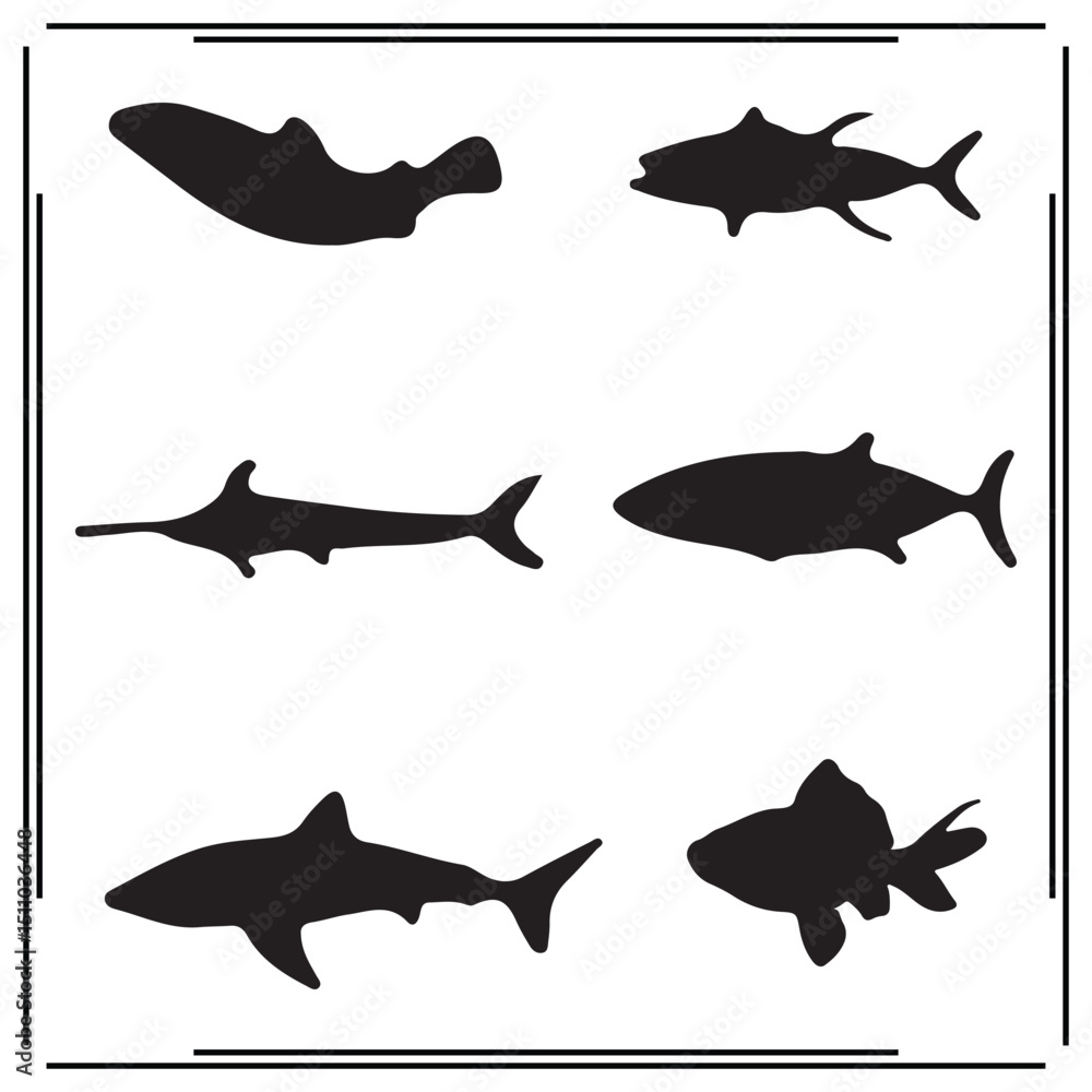 Fototapeta premium Shark and Fish Silhouettes Collection – Vector Set of Marine Animal Icons Featuring Hammerhead, Tuna, Swordfish, Great White – Sea Life Clipart for Ocean, Nautical Design.