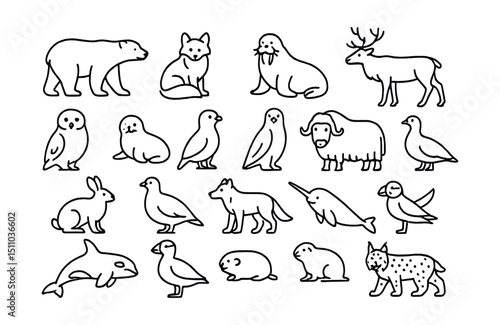Line style icons of arctic and tundra animals: polar bear, arctic fox, walrus, reindeer, snowy owl, seal, penguin, musk ox, snow hare, ptarmigan, arctic wolf, narwhal, beluga, puffin, lemming, arctic