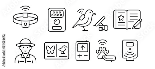 Line style icons of rare species monitoring and tracking: GPS collar, camera trap icon, radio tag, tracking drone, observation journal, wildlife biologist icon, species ID chart, population counter,