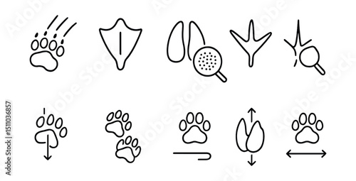 Line style icons of identifying track features: claw marks on print, webbed toes, hoof split, pad texture, digit length, track depth, staggered stride, drag line, tail mark, stride spacing.
