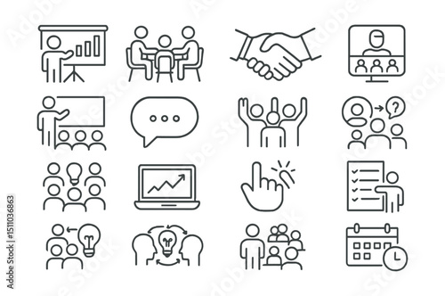 Line style icons of business meetings: presentation screen, meeting room, handshake, video conference, whiteboard session, speech bubble, note taking, team voting, question mark, group decision,