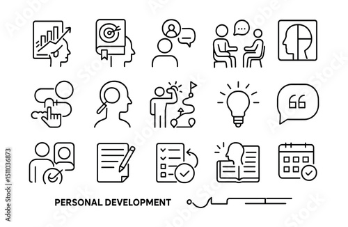 Line style icons of personal development: growth plan, learning goals, mentorship, coaching session, personal SWOT, habit building, self-evaluation, confidence boost, career map, motivational quotes,