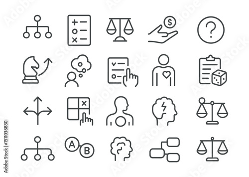 Line style icons of decision making: decision tree, pros and cons, scale balance, coin toss, strategic choice, what-if scenario, vote count, question icon, split path, analysis grid, gut feeling,