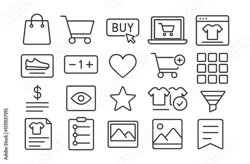 Line style icons of online shopping: shopping bag, shopping cart, buy button, online checkout, product page, item preview, quantity selector, wishlist icon, add to cart, product grid, cart total,