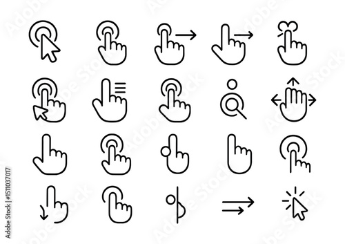 Line style icons of user actions: click icon, tap gesture, swipe left, swipe right, double tap, drag icon, long press, zoom gesture, scroll down, hover action, mouse cursor, touch indicator, tap