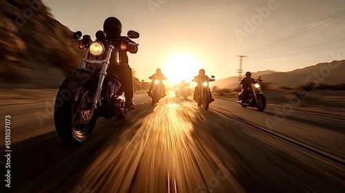 Bikers riding fast on a desert highway at sunset