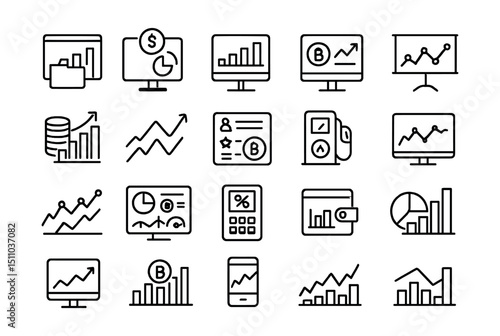 Line style icons of crypto analytics and monitoring: portfolio chart, market cap, volume tracker, token price, historical chart, crypto index, gain/loss icon, token metrics, gas tracker, real-time