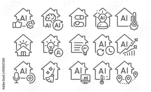 Line style icons of AI-powered home features: AI suggestions, auto-learn routine, behavior-based automation, prediction icon, AI comfort mode, adaptive lighting, smart usage tips, AI schedule adjust,
