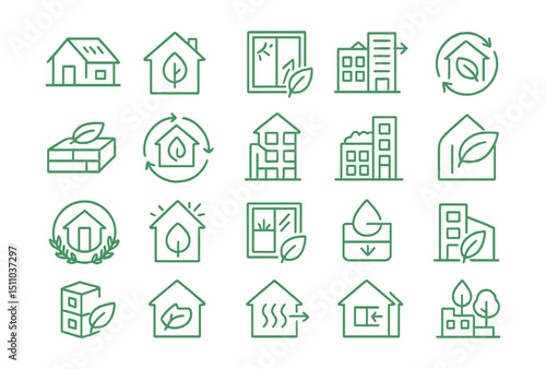 Line style icons of green building and architecture: green roof, passive house, solar window, eco insulation, energy rating, sustainable materials, water recycling system, green wall, rooftop garden,
