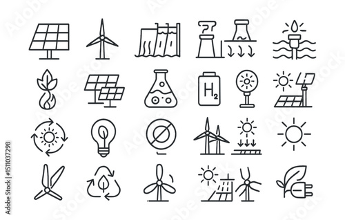 Line style icons of renewable energy: solar panel, wind turbine, hydro power, geothermal plant, tidal energy, wave power, biomass energy, solar farm, energy from algae, hydrogen cell, solar tracker,