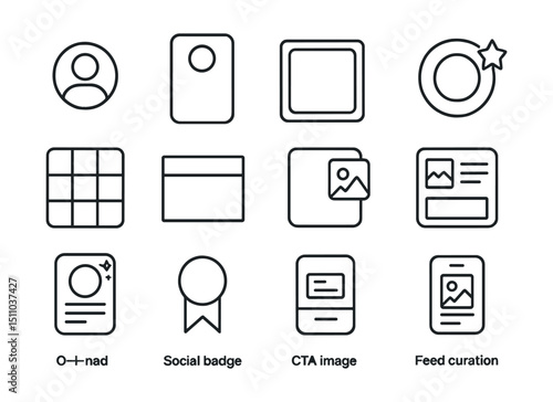 Line style icons of branded social media: profile avatar, story template, content border, branded highlight, social grid, banner design, callout overlay, post layout, on-brand story, social badge,