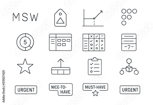 Line style icons of feature prioritization: MoSCoW model, priority tag, impact vs effort, voting dots, feature score, prioritization board, feature matrix, backlog triage, priority star, roadmap