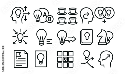 Line style icons of ideation techniques: SCAMPER method, random word icon, six thinking hats, reverse thinking, concept mashup, constraint play, idea stretching, forced connection, ideation cards,