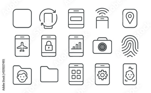 Line style icons of mobile technology: app icon, mobile sync, notification bar, mobile hotspot, location services, airplane mode, screen lock, mobile analytics, mobile camera, fingerprint unlock,