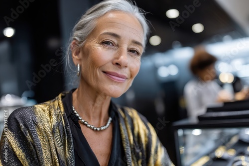 An elegant older woman poses confidently in a stylish outfit, embodying grace, beauty, and sophistication in a modern setting, capturing timeless fashion and self-assuredness.