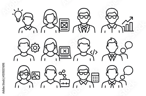 Line style icons of startup team roles: founder icon, co-founder, CTO icon, CMO icon, product manager, UX designer, developer icon, growth hacker, content strategist, operations lead, CFO icon, legal